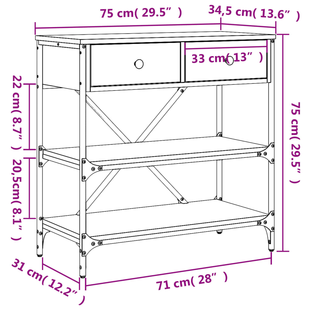 Sonoma Konsolentisch grau 75x34,5x75 cm Holzwerkstoff