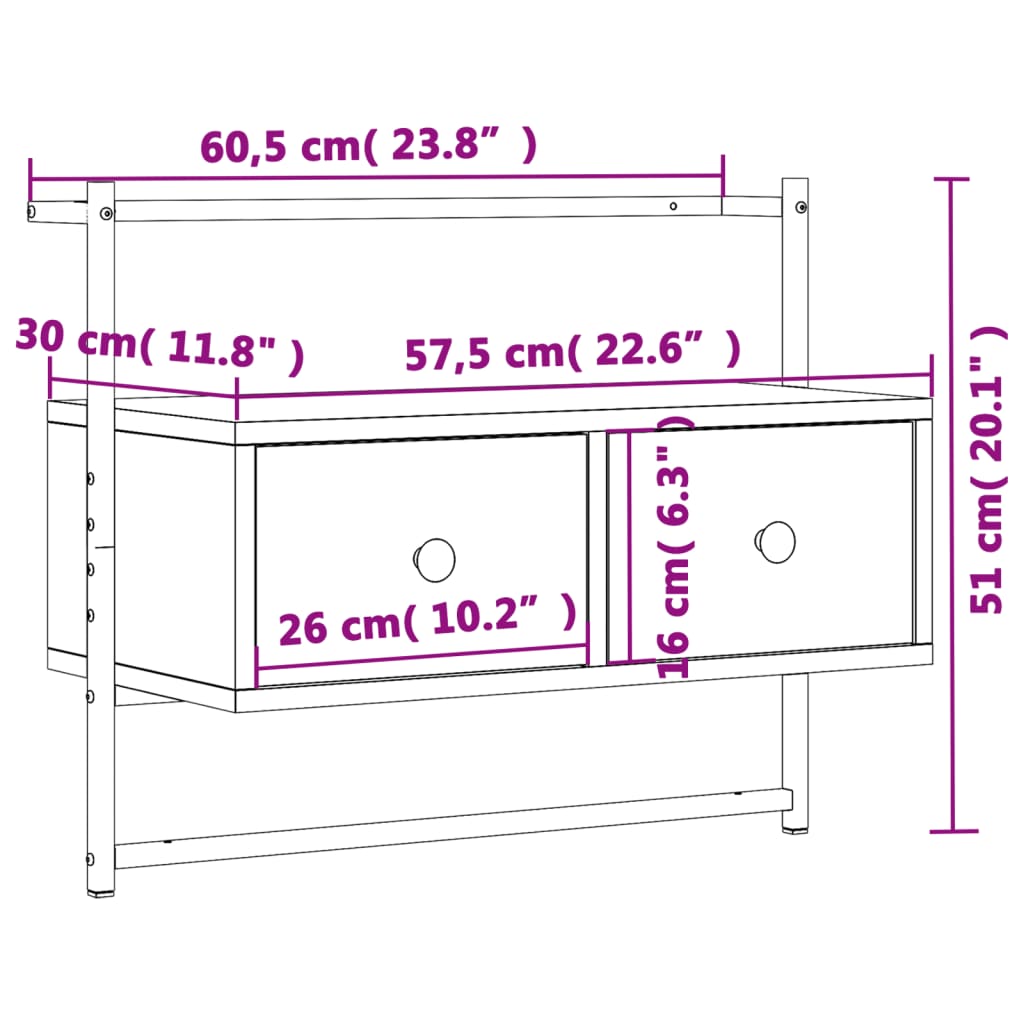 Meuble TV mural chêne fumé 60,5x30x51 cm bois d'ingénierie