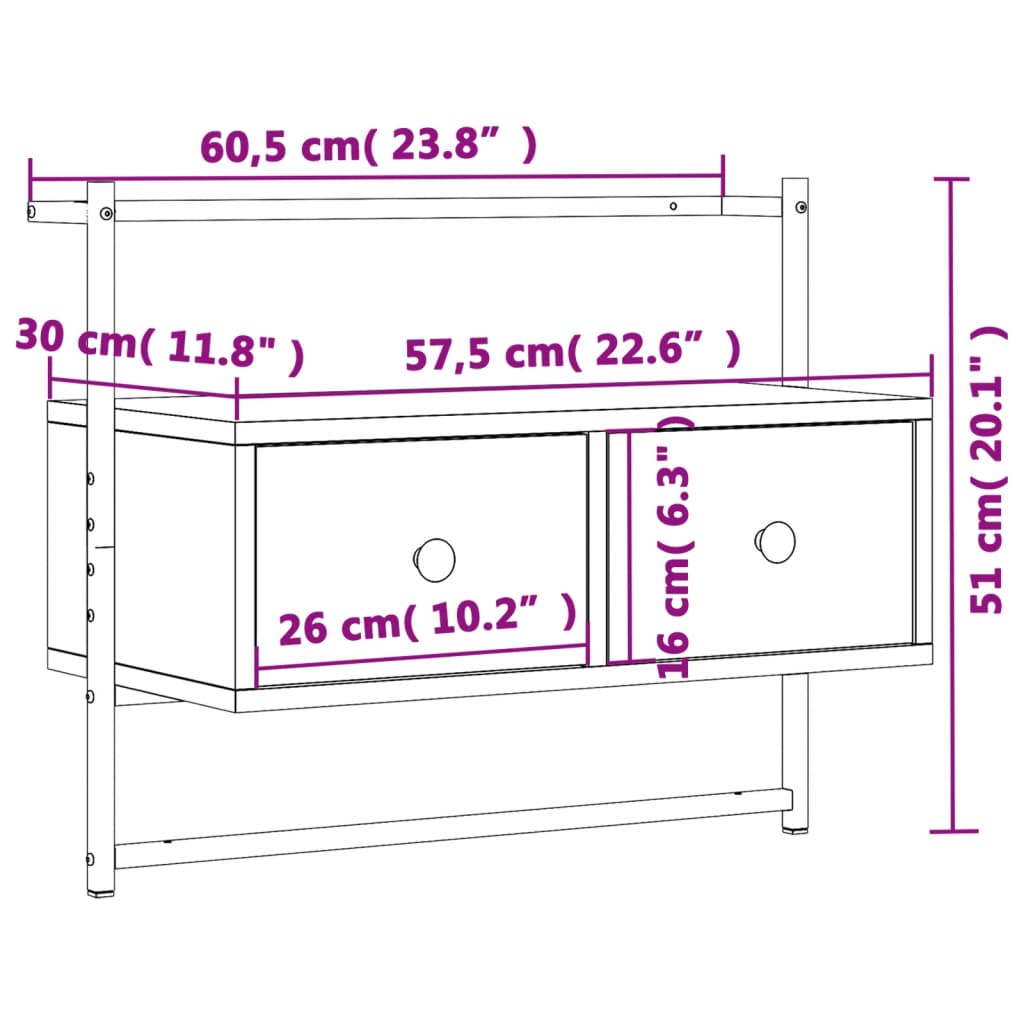 Meuble TV mural chêne marron 60,5x30x51 cm bois d'ingénierie