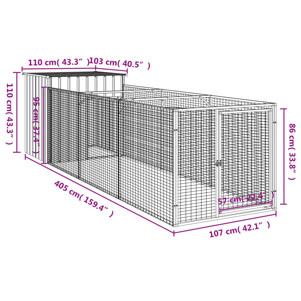 Niche pour chien avec cour anthracite 110x405x110 cm