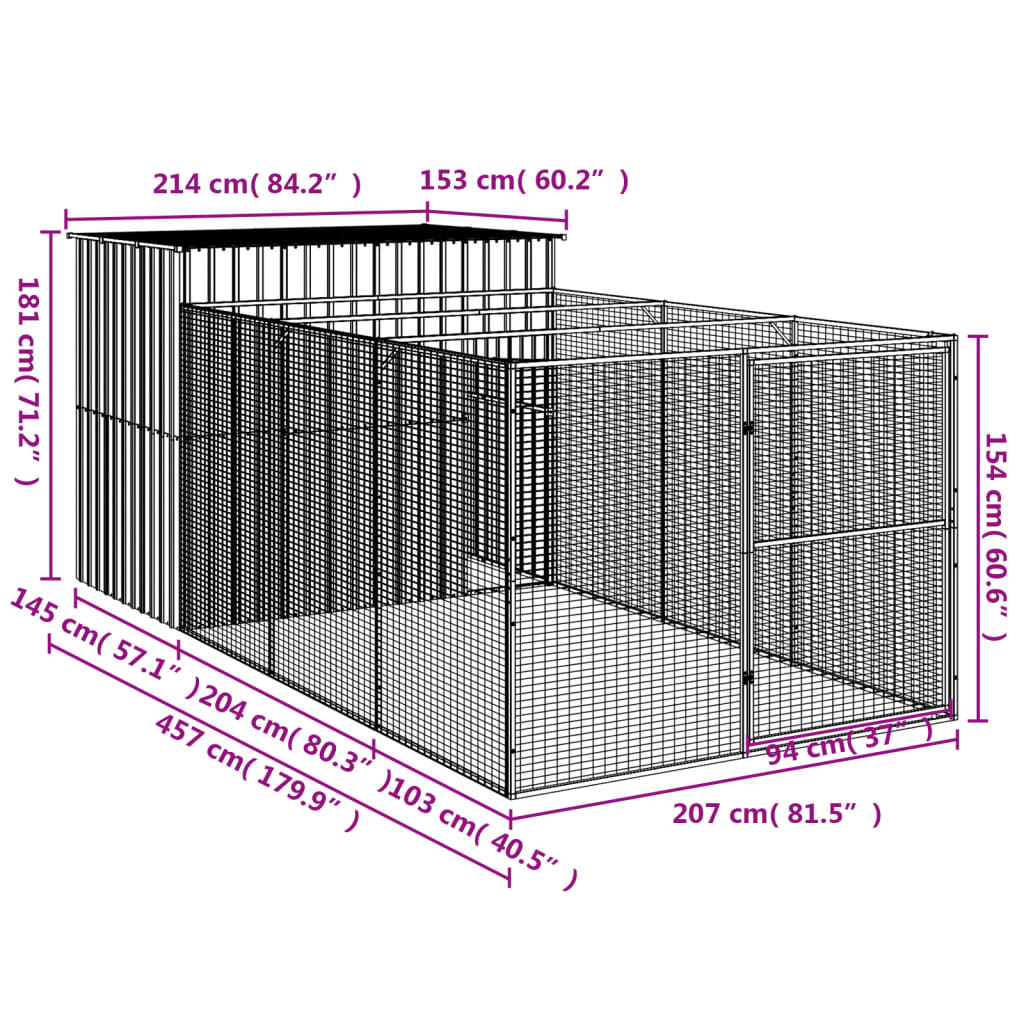 Niche pour chien avec cour anthracite 214x457x181 cm