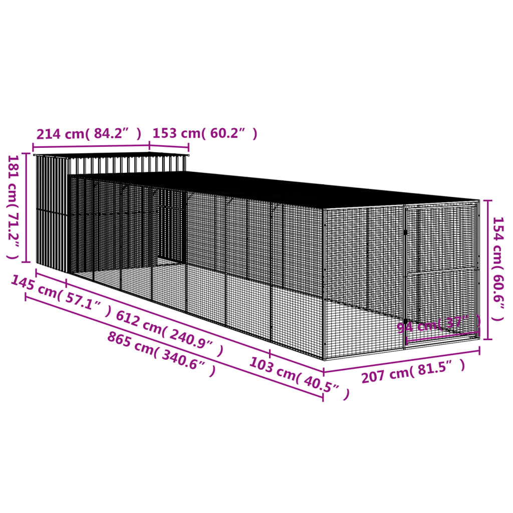 Niche pour chien avec cour anthracite 214x865x181 cm