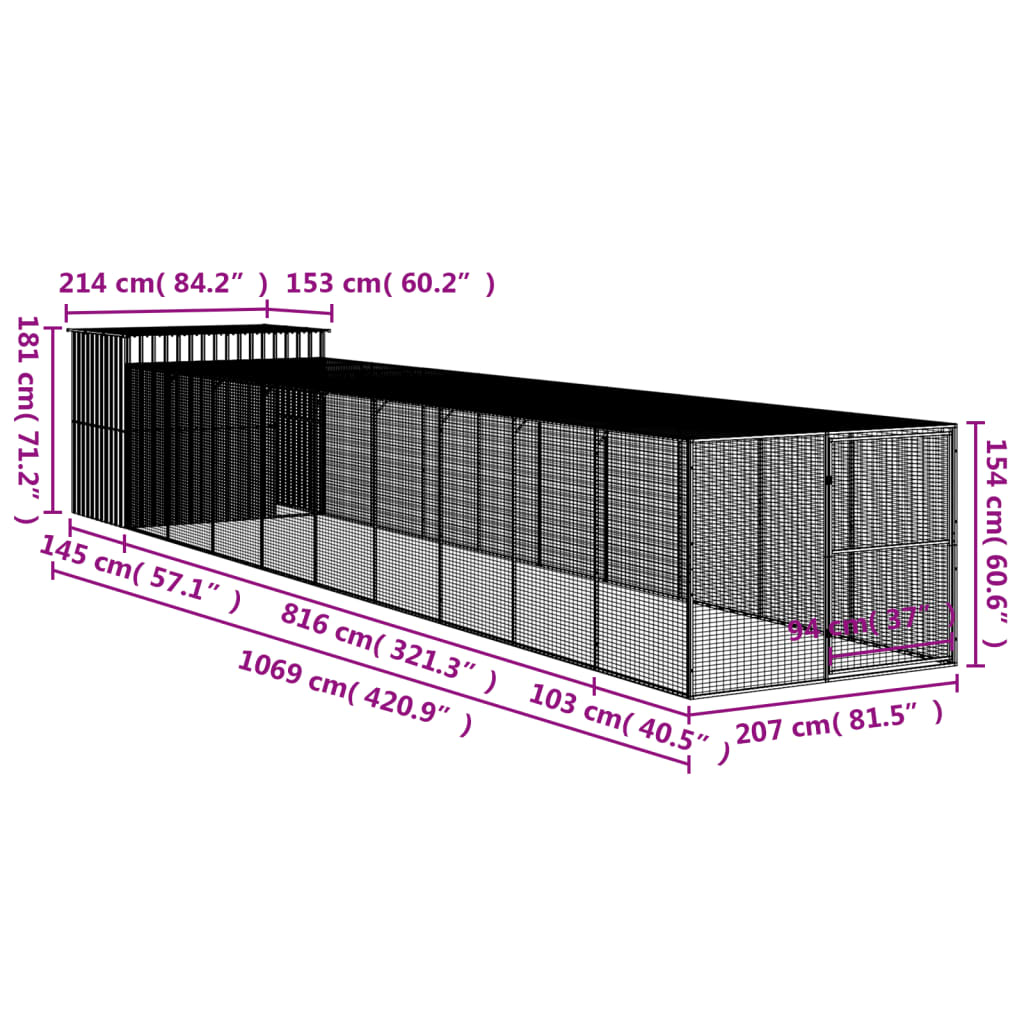 Niche pour chien avec cour anthracite 214x1069x181 cm