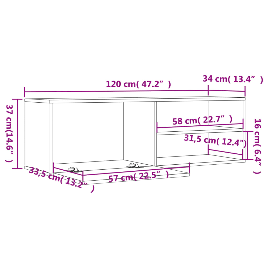 Meuble TV chêne fumé 120x34x37 cm bois d'ingénierie