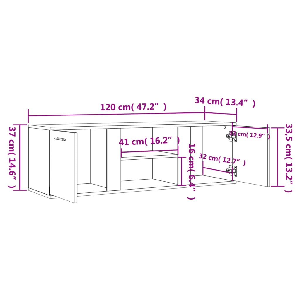 Meuble TV chêne fumé 120x34x37 cm bois d'ingénierie