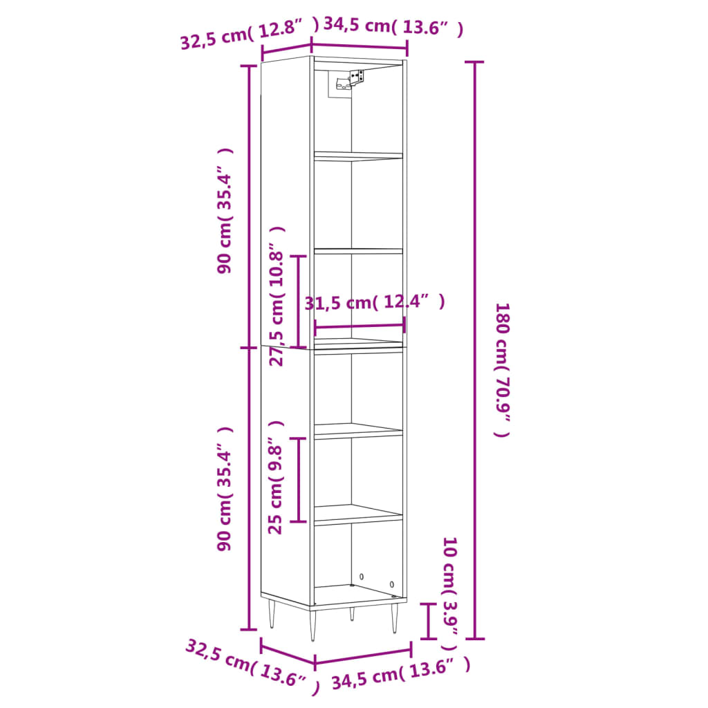 Buffet haut Blanc brillant 34,5x32,5x180 cm Bois d'ingénierie