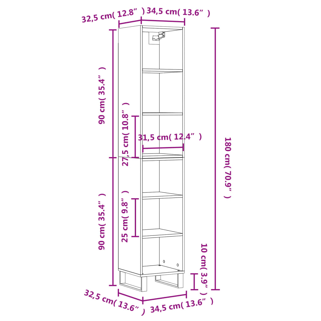 Buffet haut Blanc brillant 34,5x32,5x180 cm Bois d'ingénierie