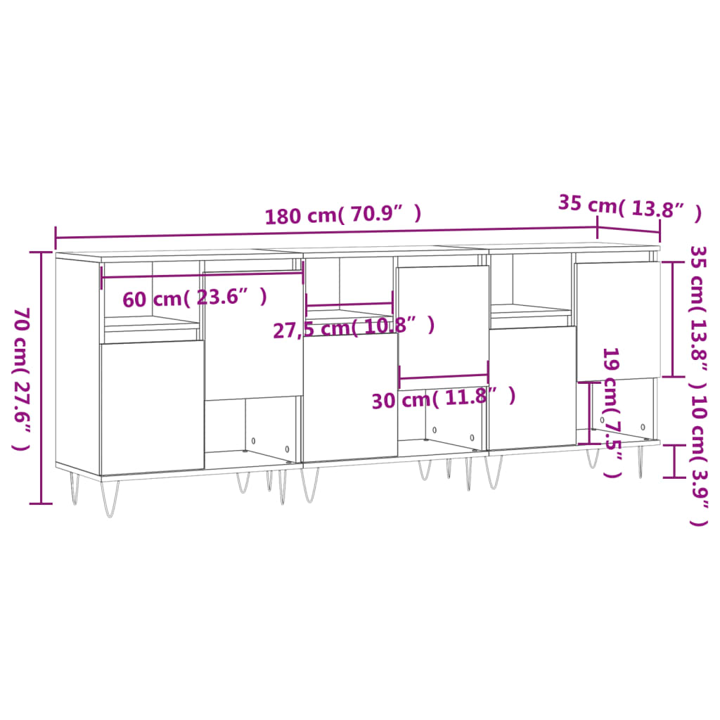 Sideboards 3 Stück aus grauem Beton-Holzwerkstoff