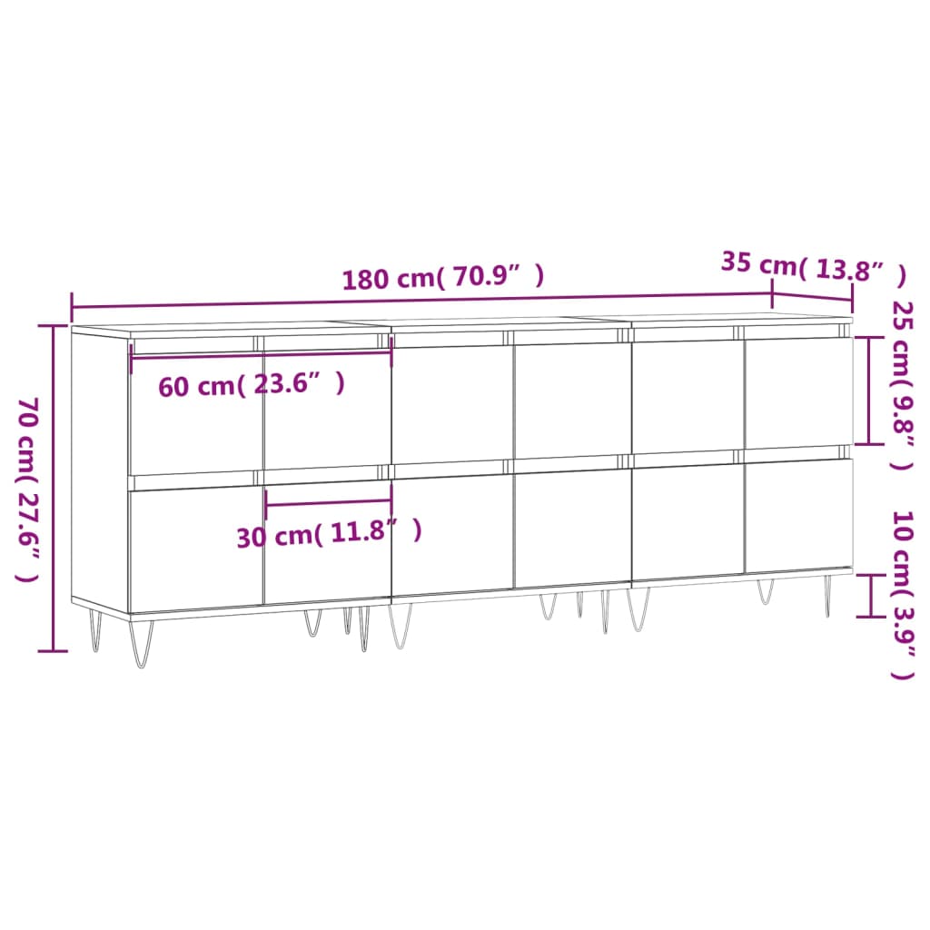 3 pcs sideboards white gloss engineered wood