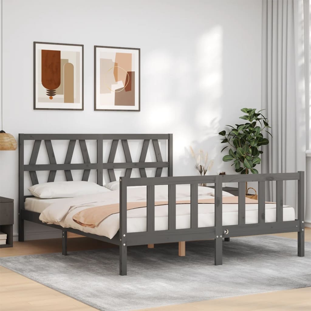 Cadre de lit sans matelas gris bois de pin massif