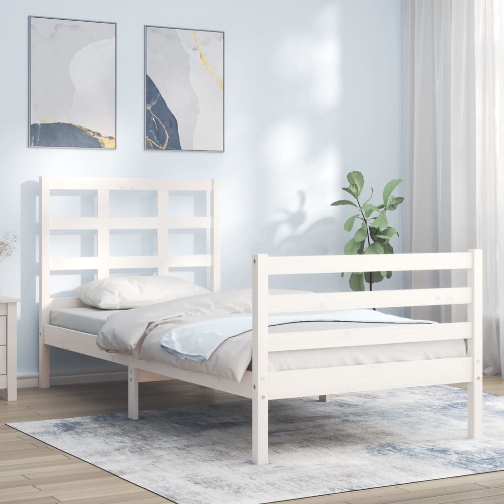 White solid wood bed frame without mattress