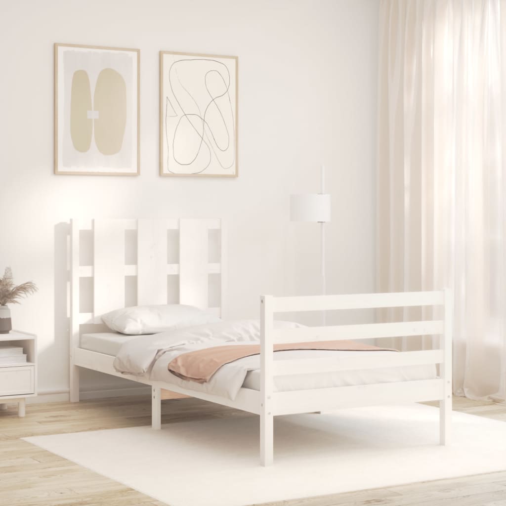 White solid wood bed frame without mattress