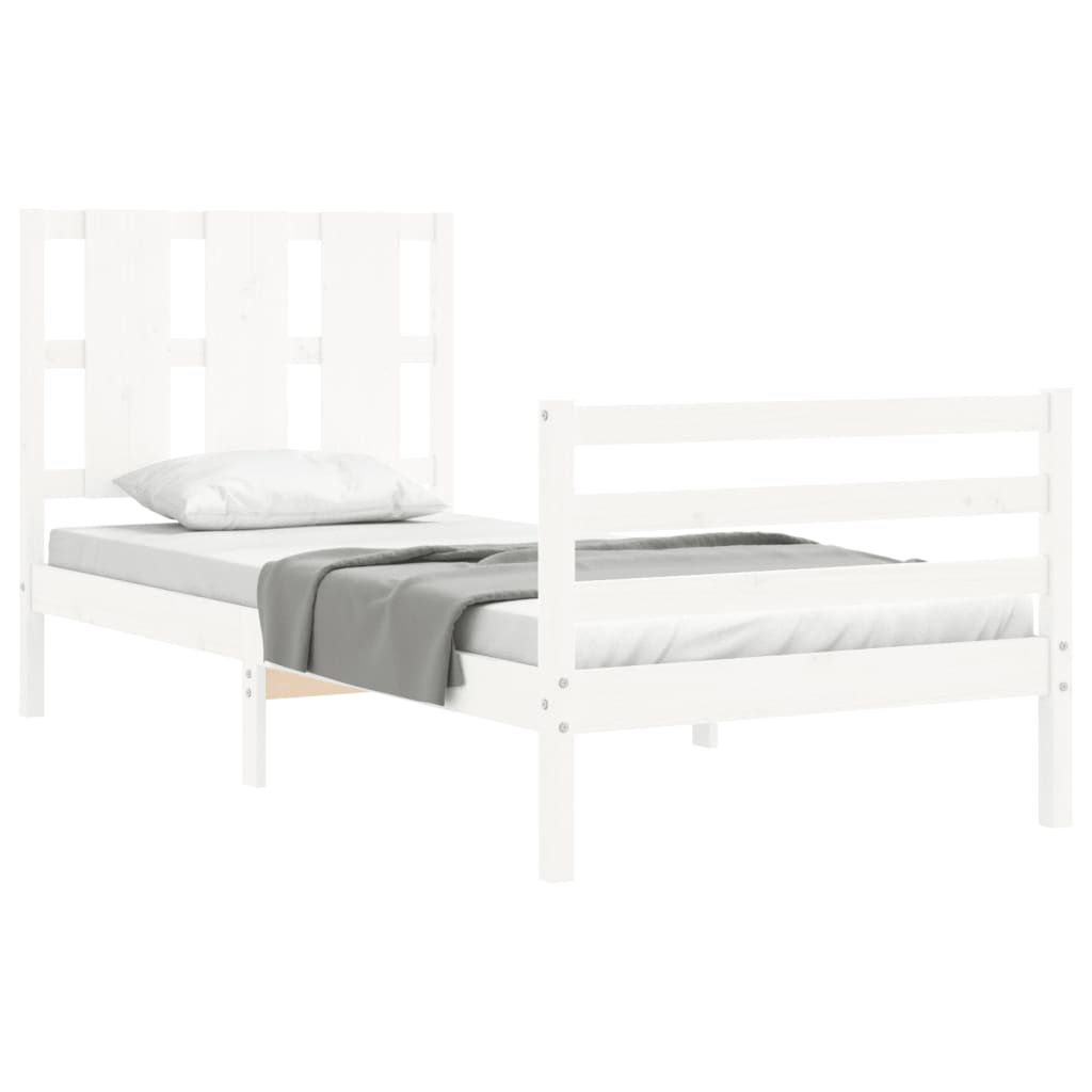 White solid wood bed frame without mattress