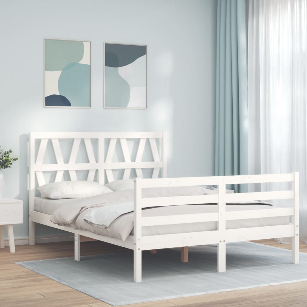 White solid wood bed frame without mattress