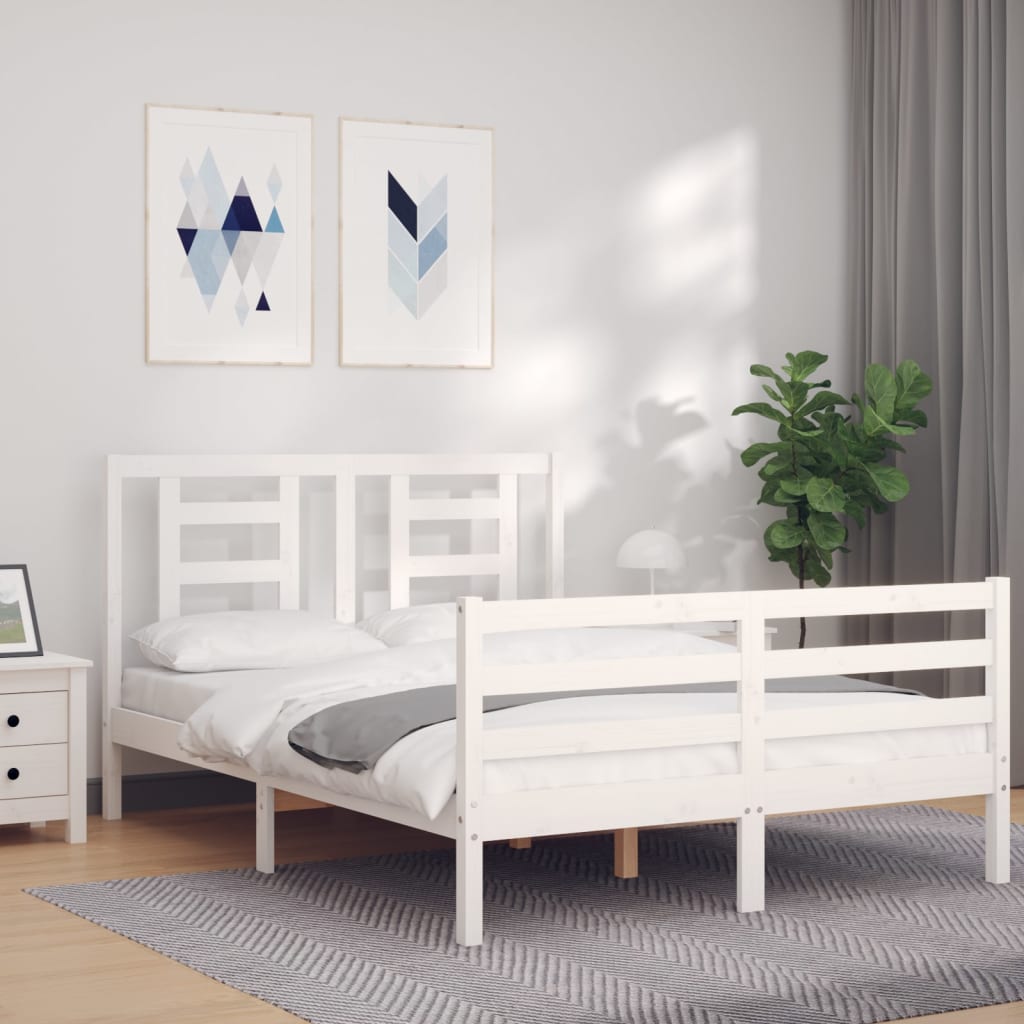 White solid wood bed frame without mattress