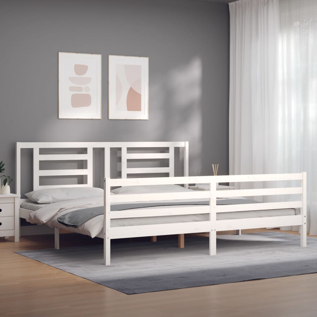 White solid wood bed frame without mattress