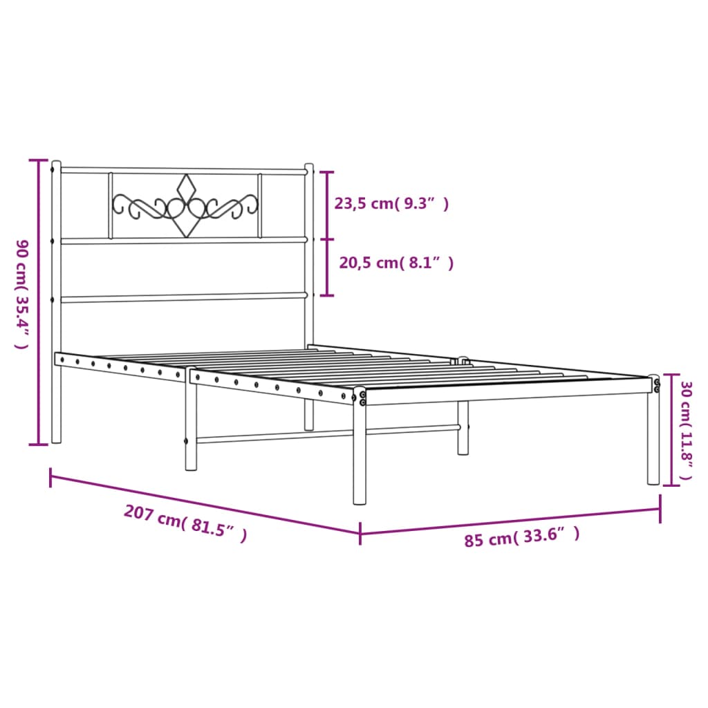 Cadre de lit métal sans matelas avec tête de lit noir 80x200 cm