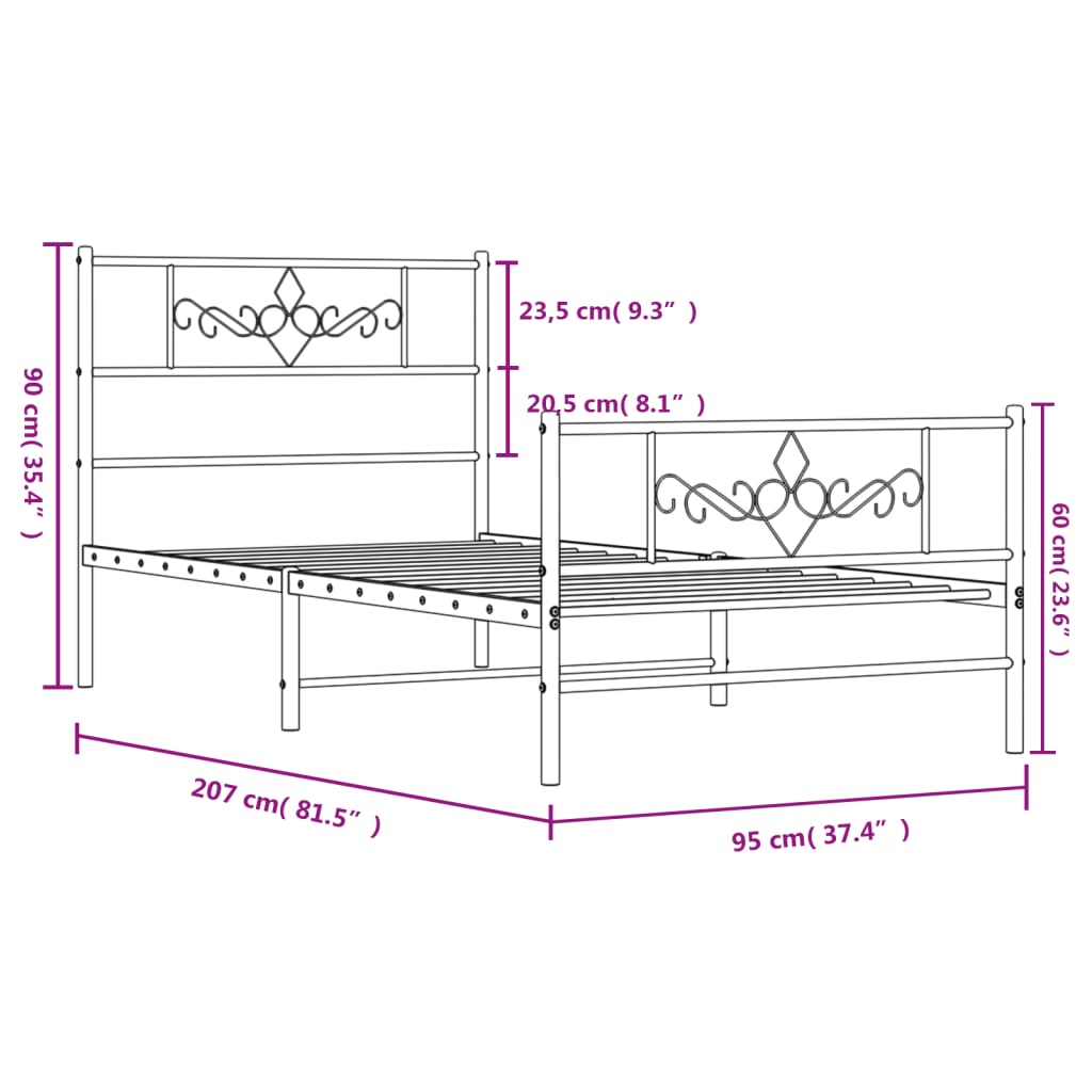 Cadre de lit métal sans matelas avec pied de lit noir 90x200 cm