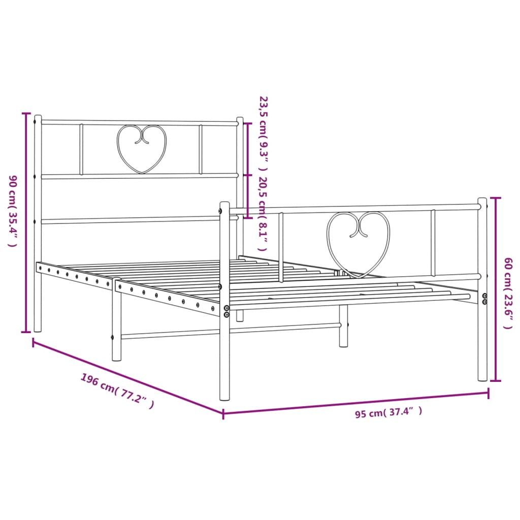 Cadre de lit métal sans matelas avec pied de lit blanc 90x190cm