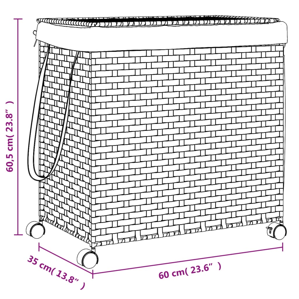 Panier à linge avec roulettes gris 60x35x60,5 cm résine tressée