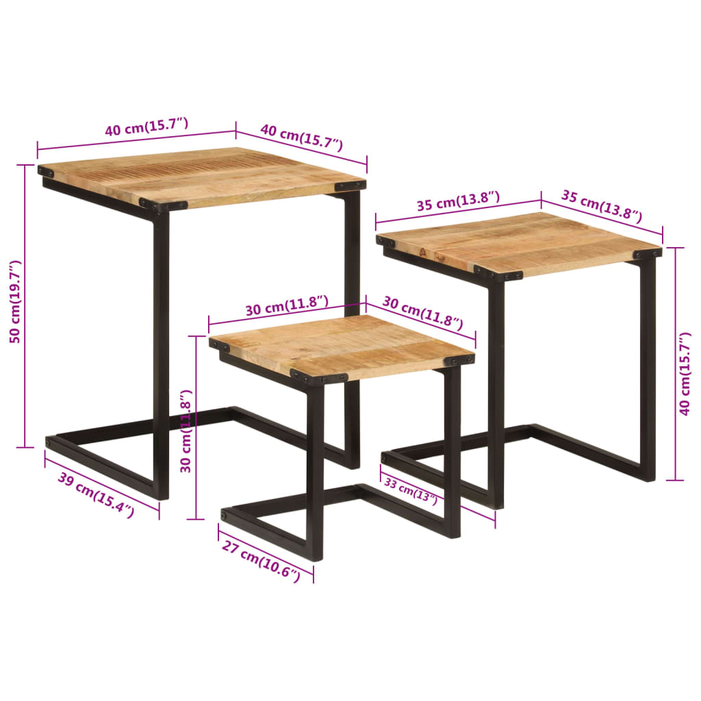 Tables basses gigognes 3 pcs bois massif de manguier et fer