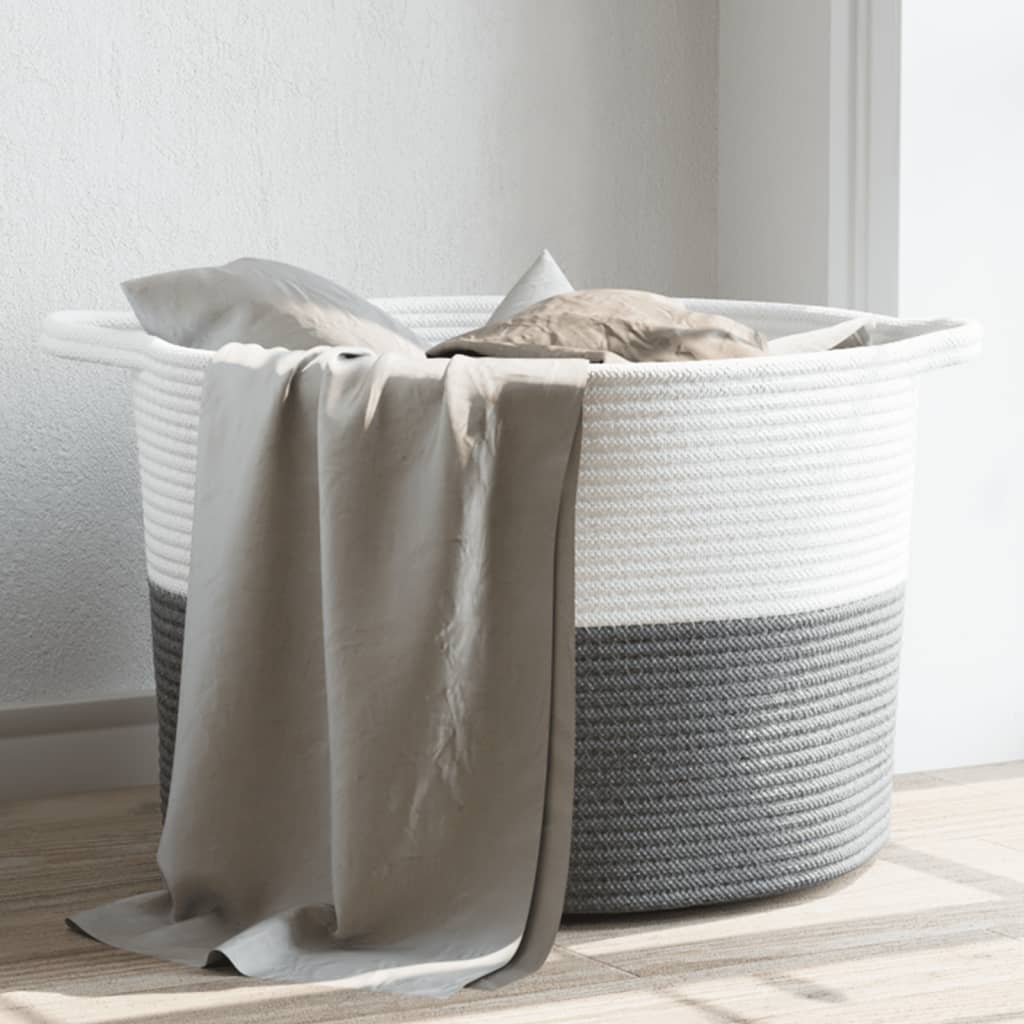 Panier à linge gris et blanc Ø55x36 cm coton