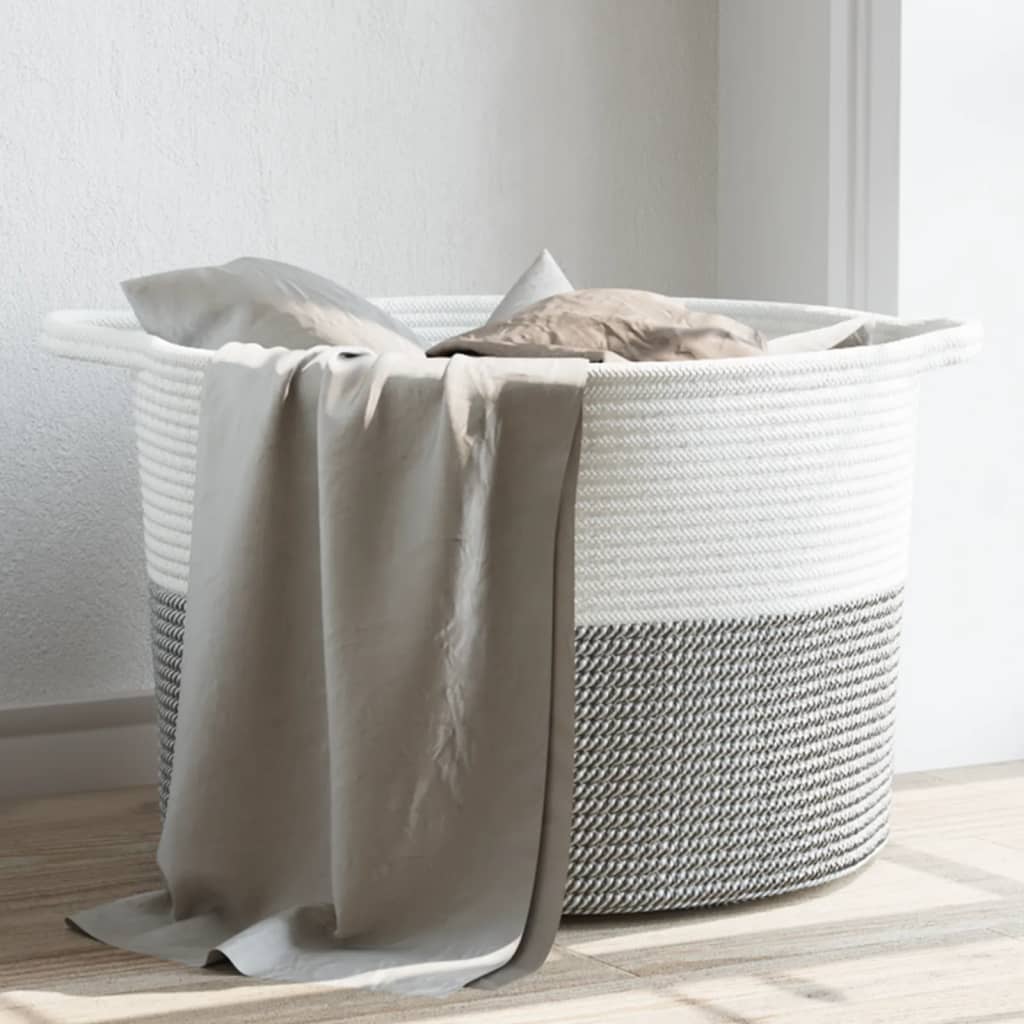 Panier à linge gris et blanc Ø55x36 cm coton