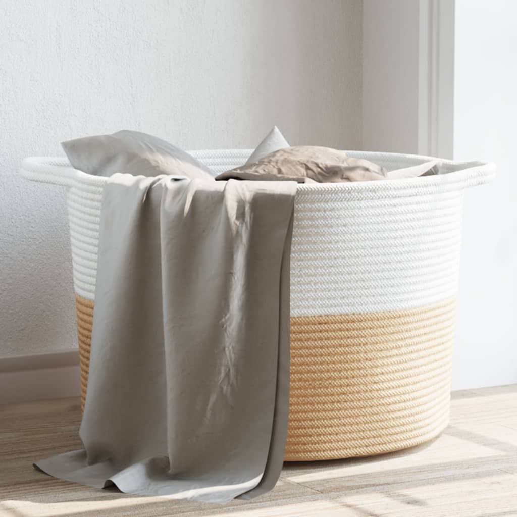 Panier à linge beige et blanc Ø55x36 cm coton