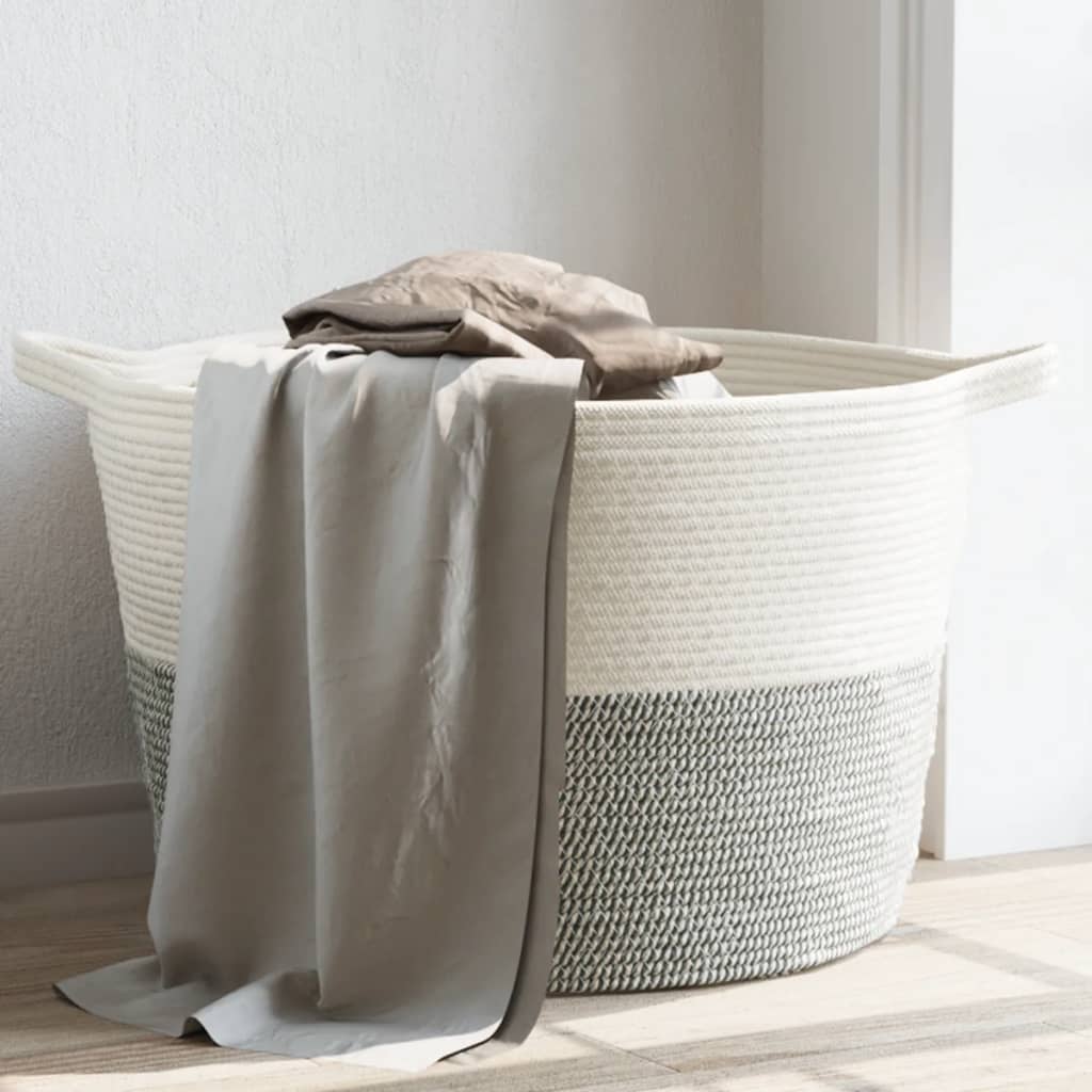 Panier à linge gris et blanc Ø60x36 cm coton