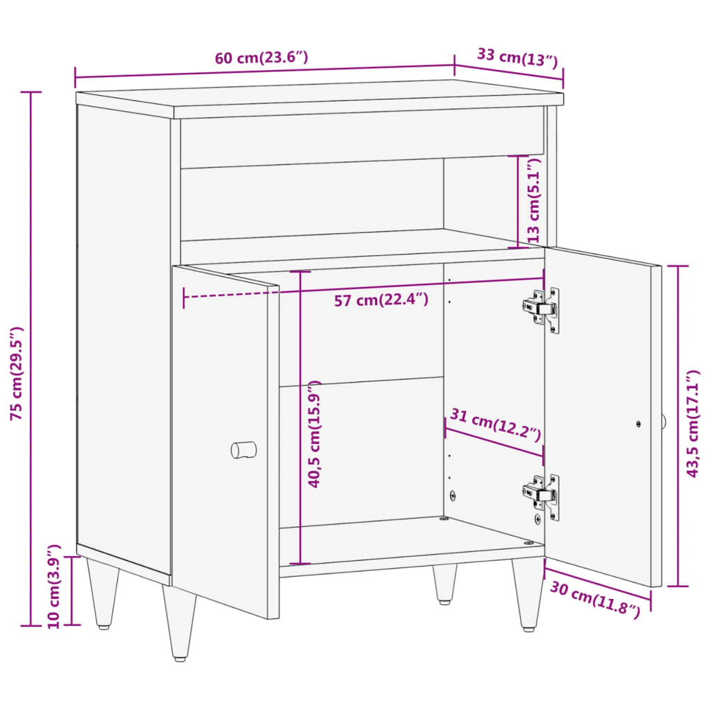 Beistellschrank 60x33x75 cm aus massivem Mangoholz