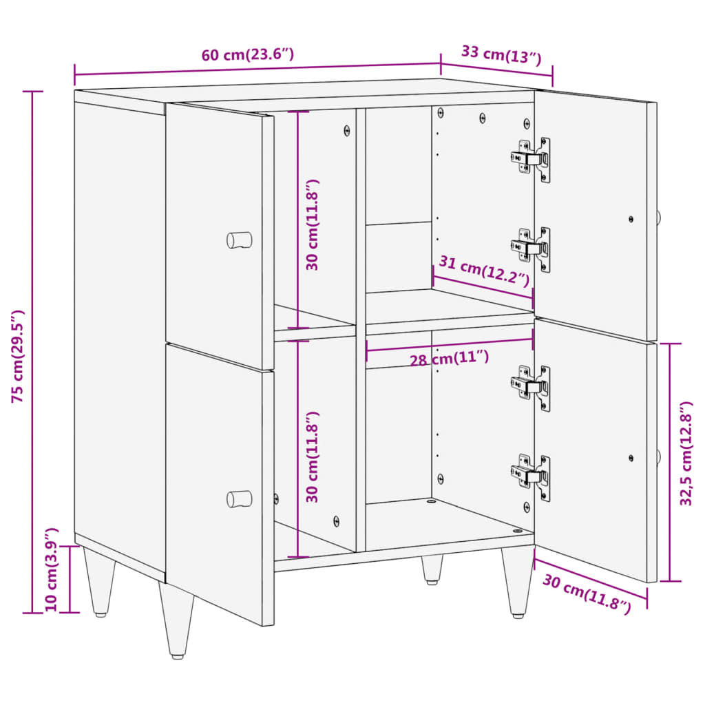 Beistellschrank 60x33x75 cm aus massivem Mangoholz