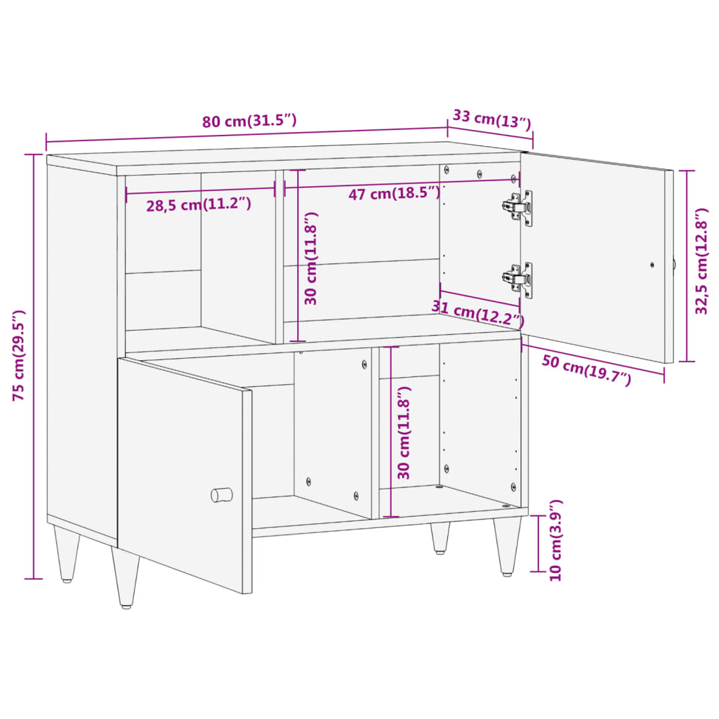 Beistellschrank 80x33x75 cm aus massivem Mangoholz