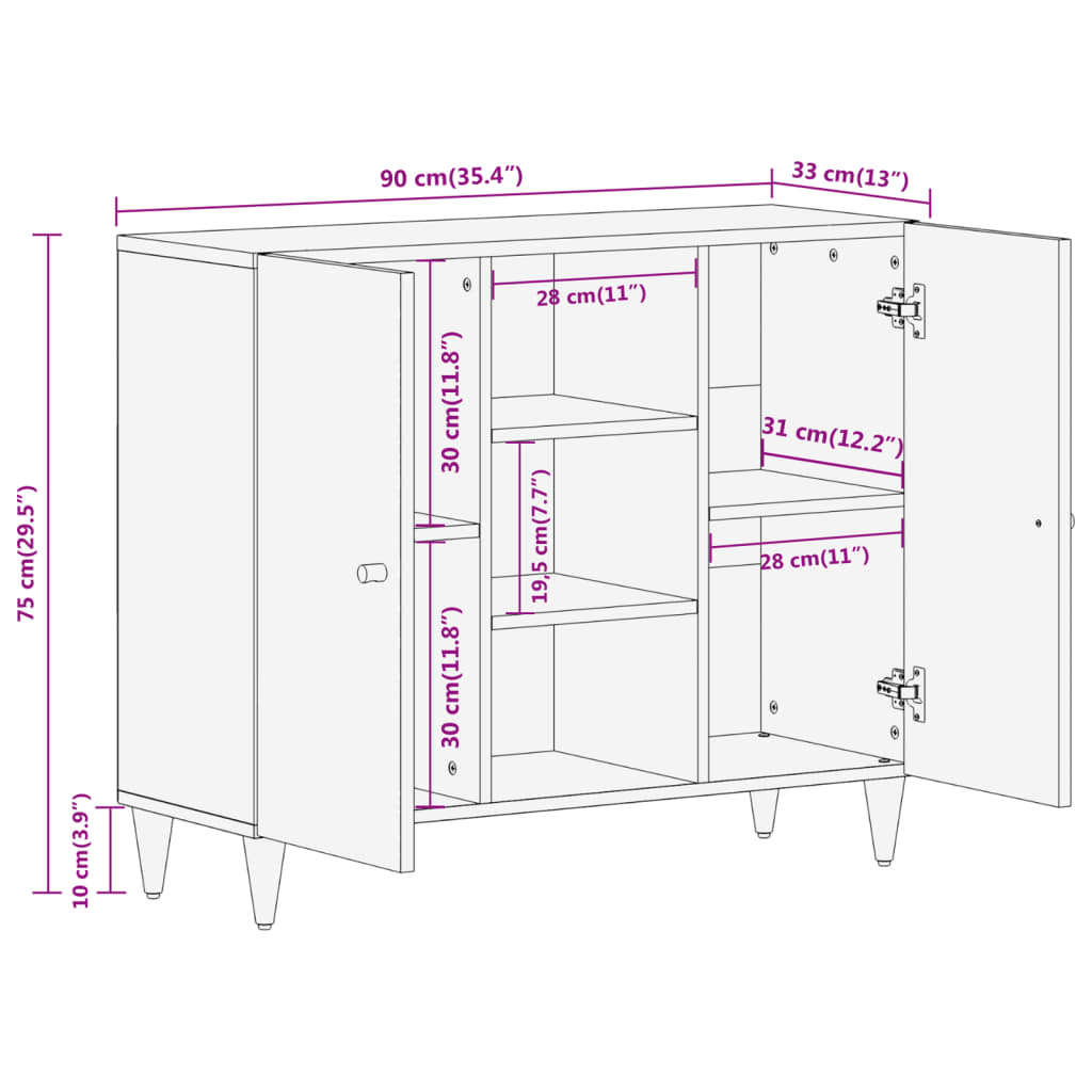 Beistellschrank 90x33x75 cm aus massivem Mangoholz