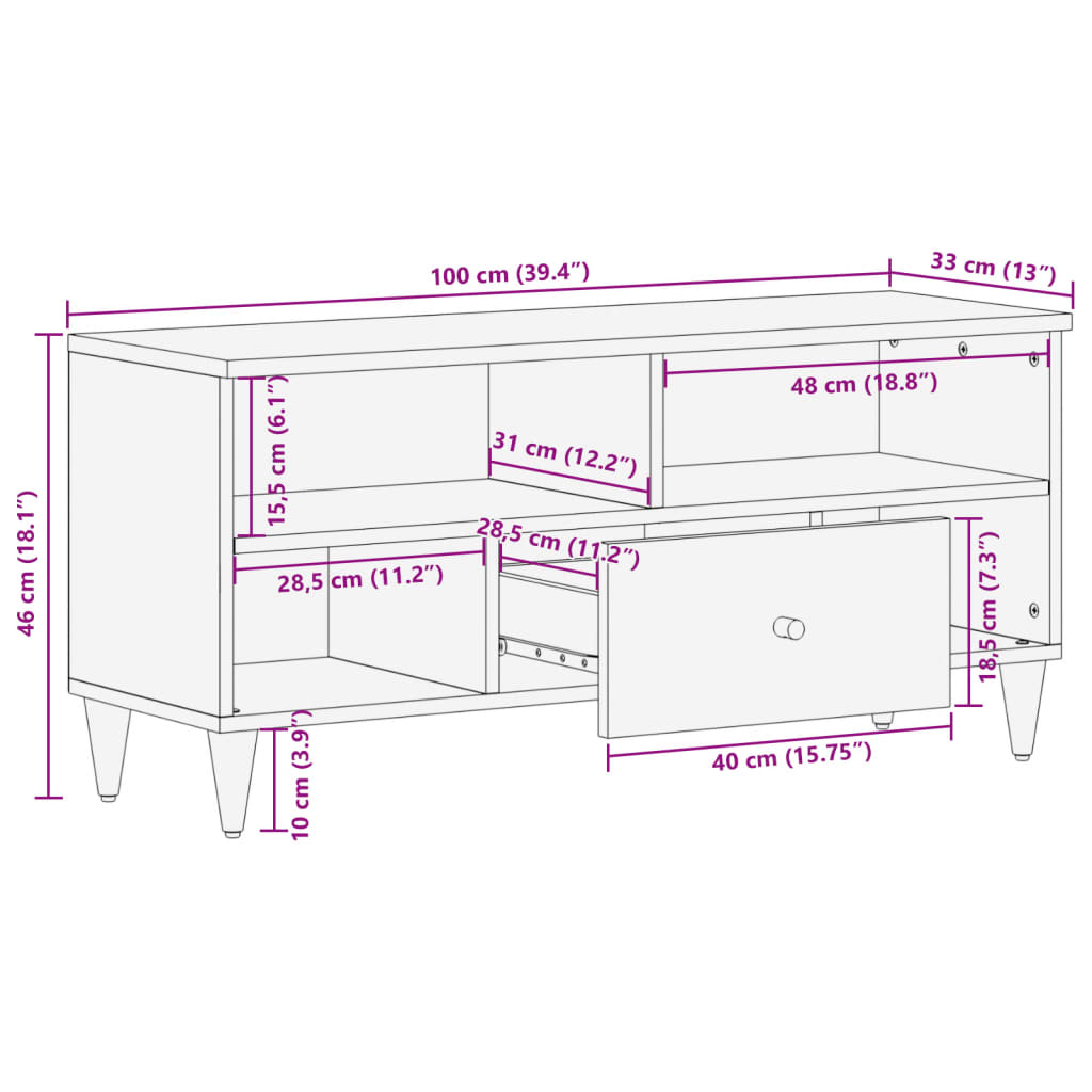 Meuble TV 100x33x46 cm bois massif de manguier