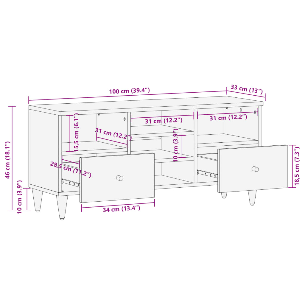 Meuble TV 100x33x46 cm bois massif de manguier