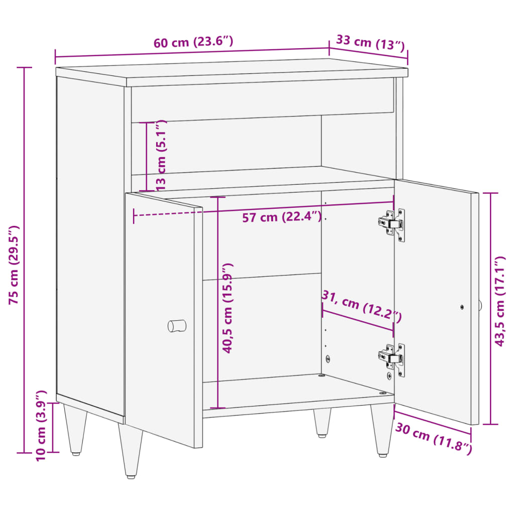 Beistellschrank 60x33x75 cm aus massivem Mangoholz