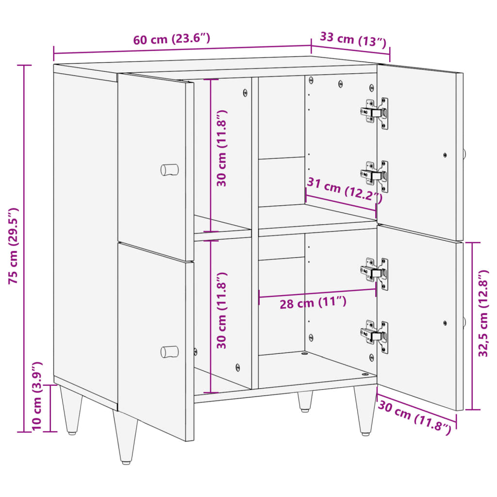 Armoire latérale 60x33x75 cm bois massif de manguier