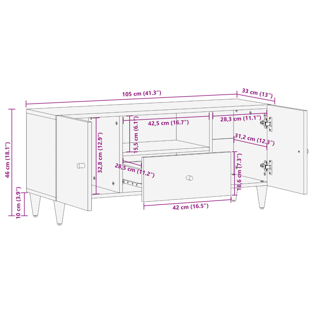 Meuble TV 105x33x46 cm Bois massif de manguier