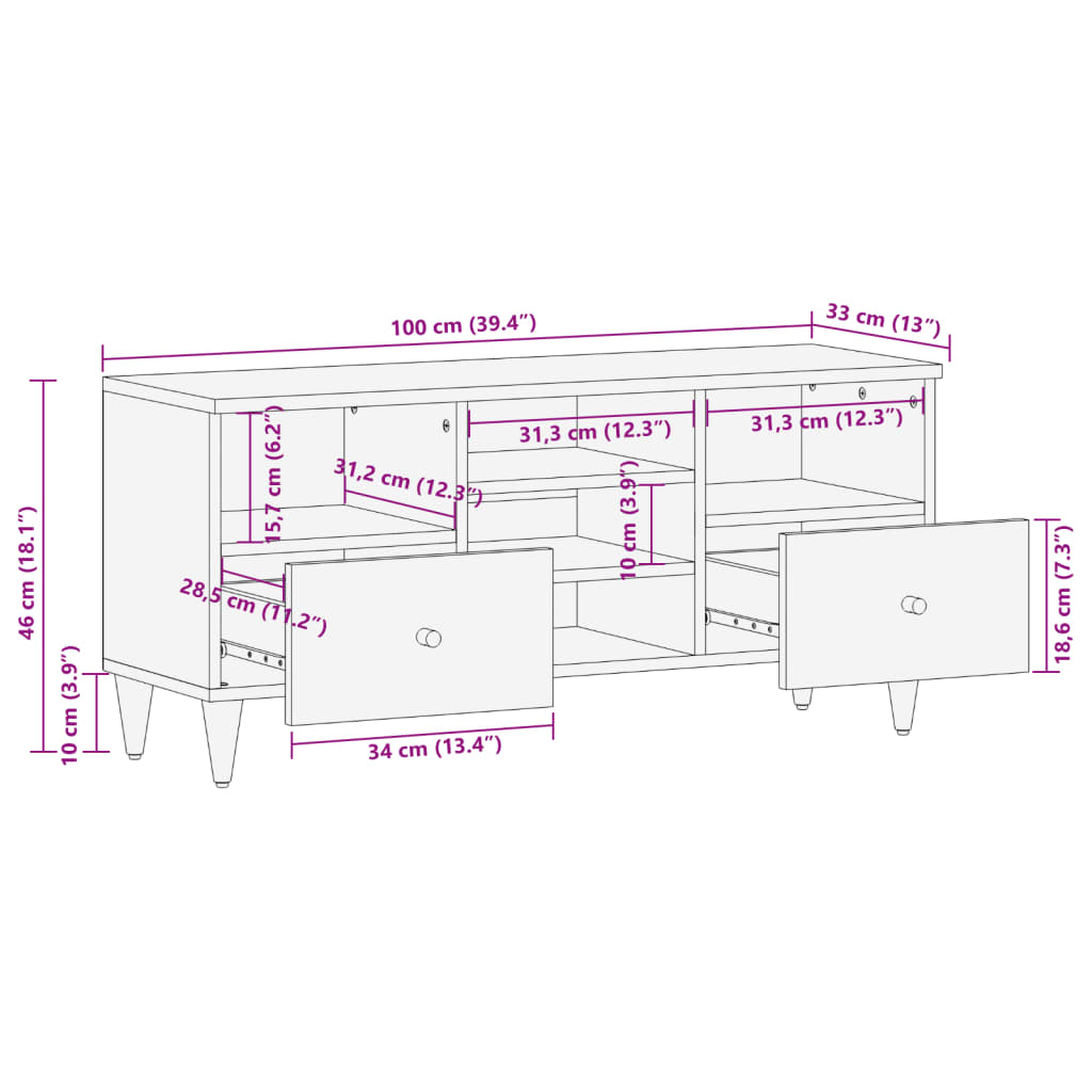 Meuble TV 100x33x46 cm bois massif de manguier