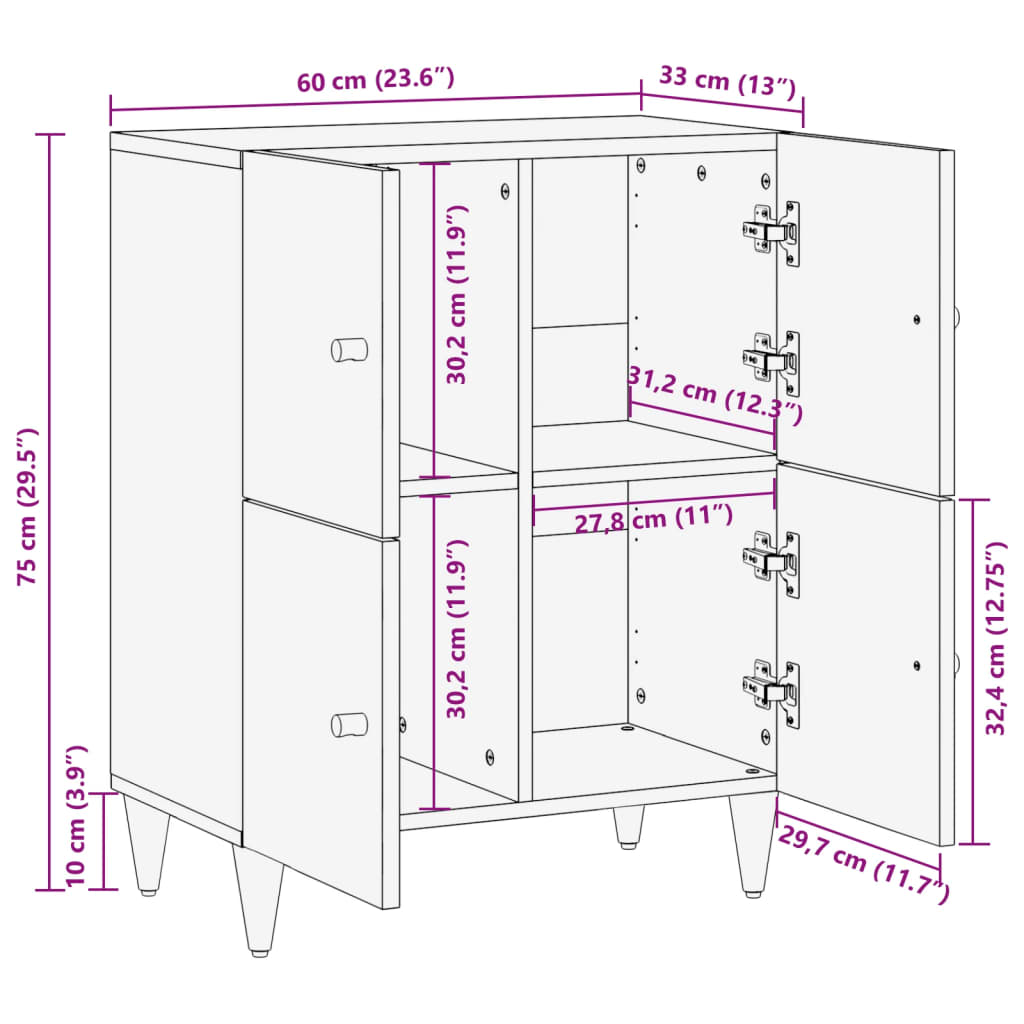 Armoire latérale 60x33x75 cm bois massif de manguier