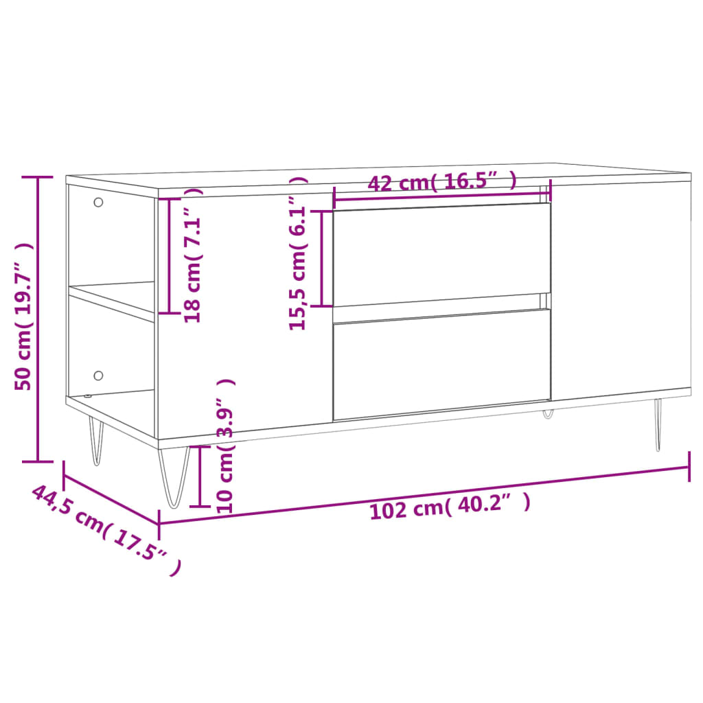 Betongrauer Couchtisch 102 x 44,5 x 50 cm, Holzwerkstoff