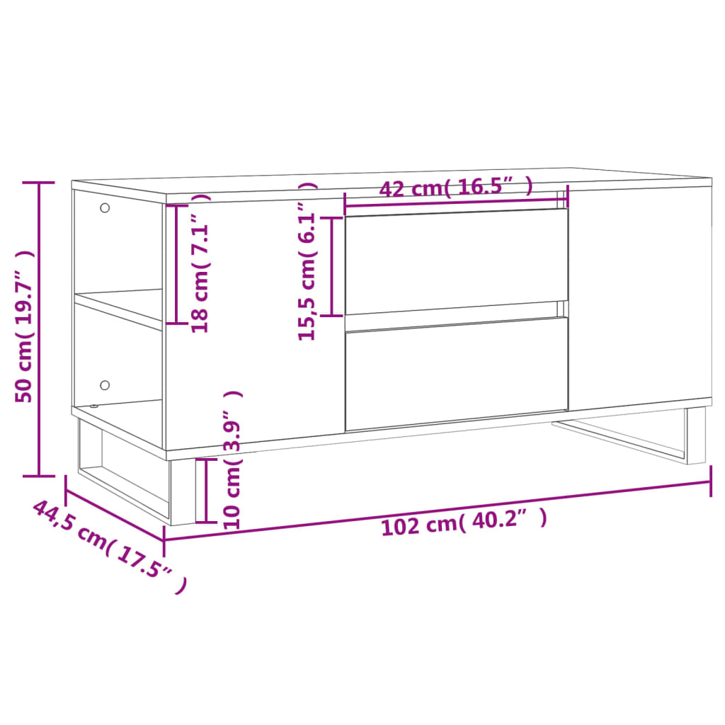 Weißer Couchtisch 102x44,5x50 cm, Holzwerkstoff