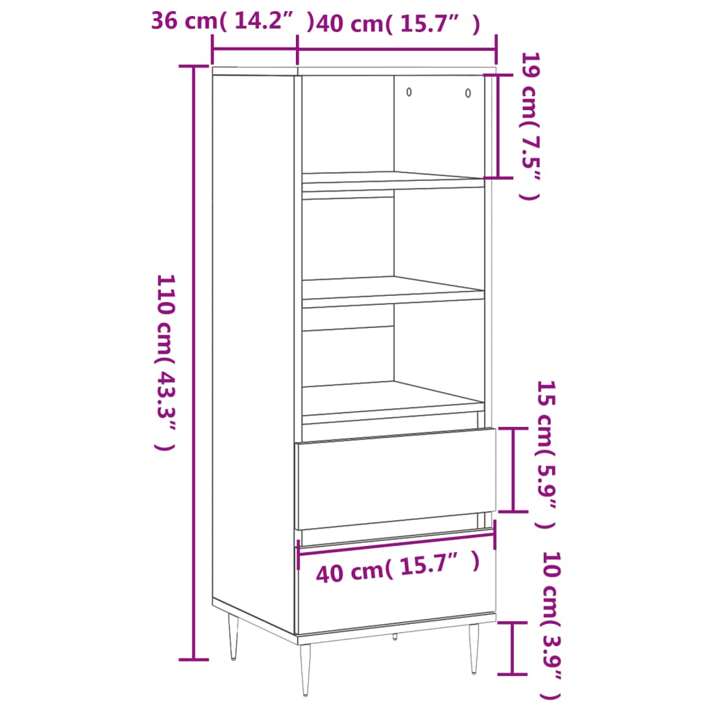 High sideboard Glossy white 40x36x110 cm Engineered wood