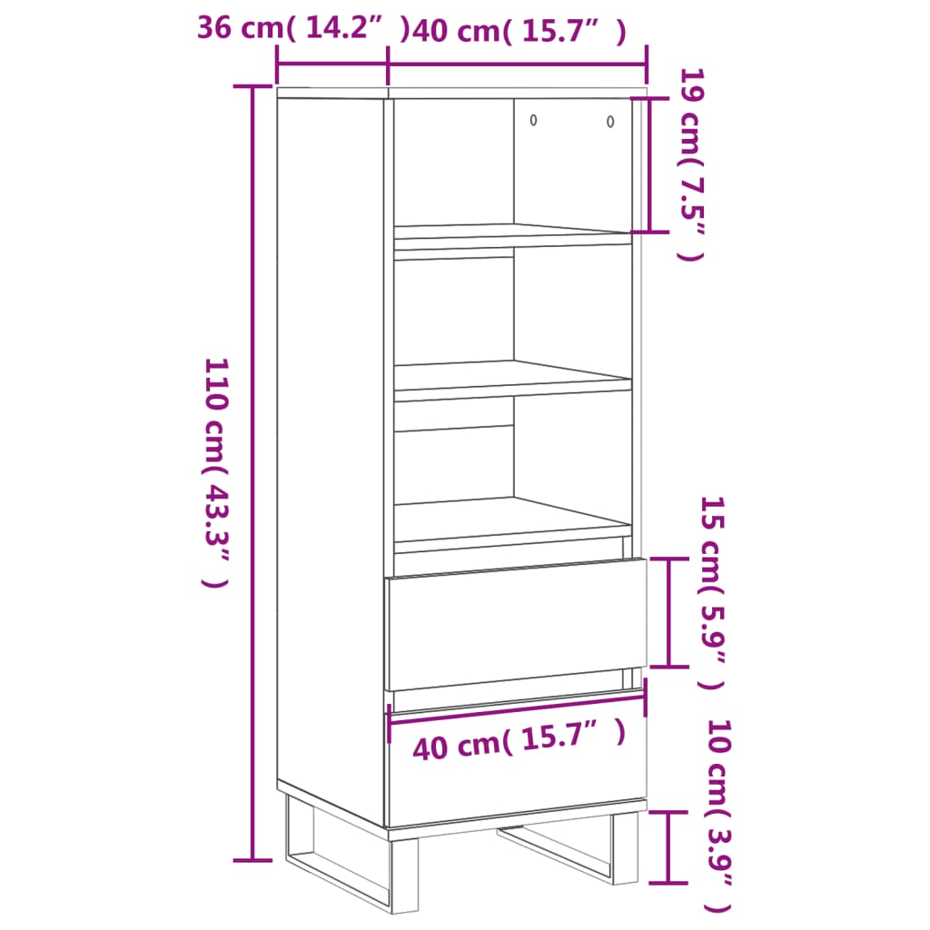 Buffet haut Noir 40x36x110 cm Bois d'ingénierie