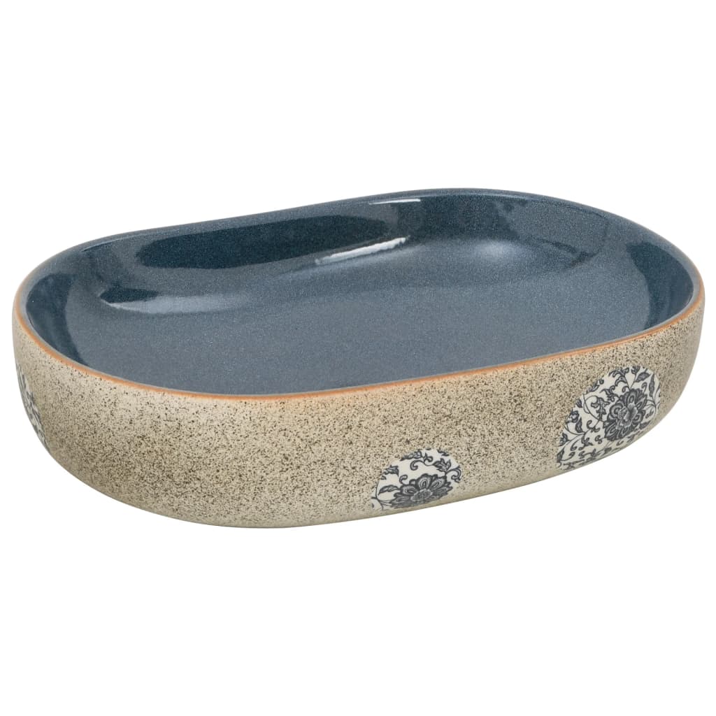 Sand and blue oval countertop washbasin 59x40x14 cm ceramic