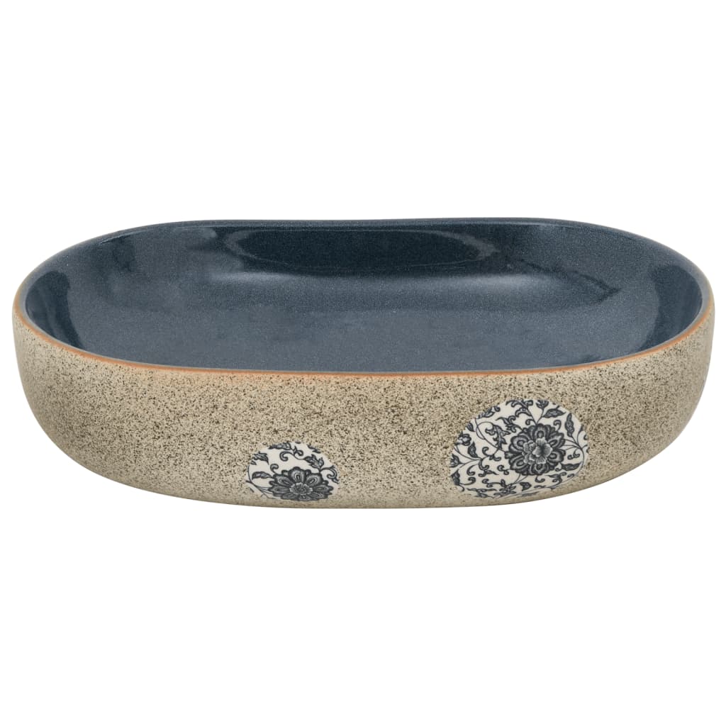 Sand and blue oval countertop washbasin 59x40x14 cm ceramic