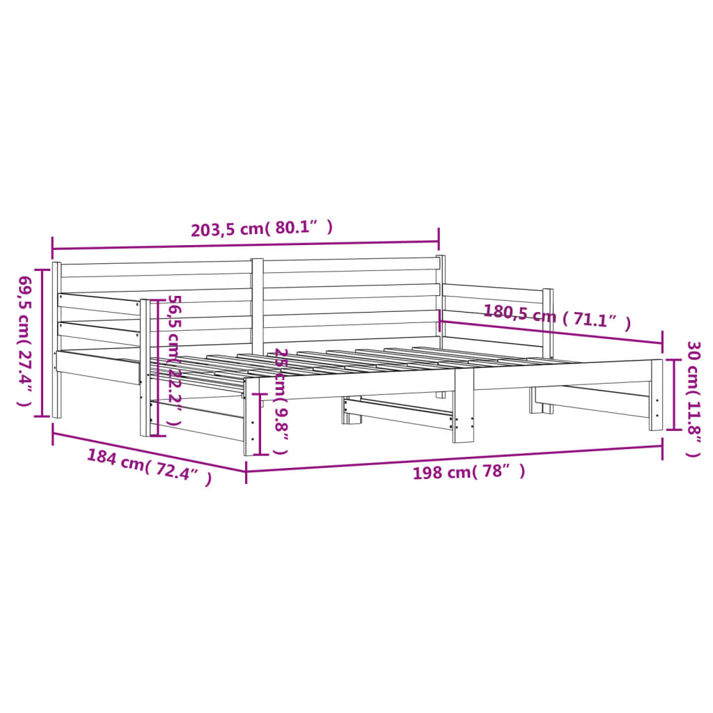 Tagesbett und Ausziehbett ohne Matratze 90x200 cm Massivholz