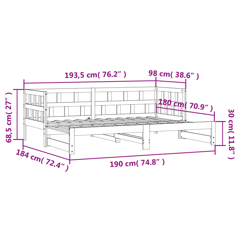 Tagesbett und Ausziehbett ohne Matratze 90x190 cm Massivholz