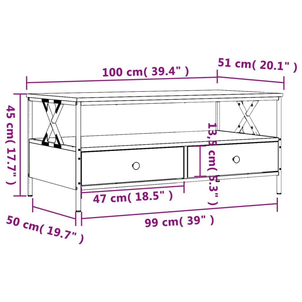 Schwarzer Couchtisch 100x51x45 cm aus Holzwerkstoff