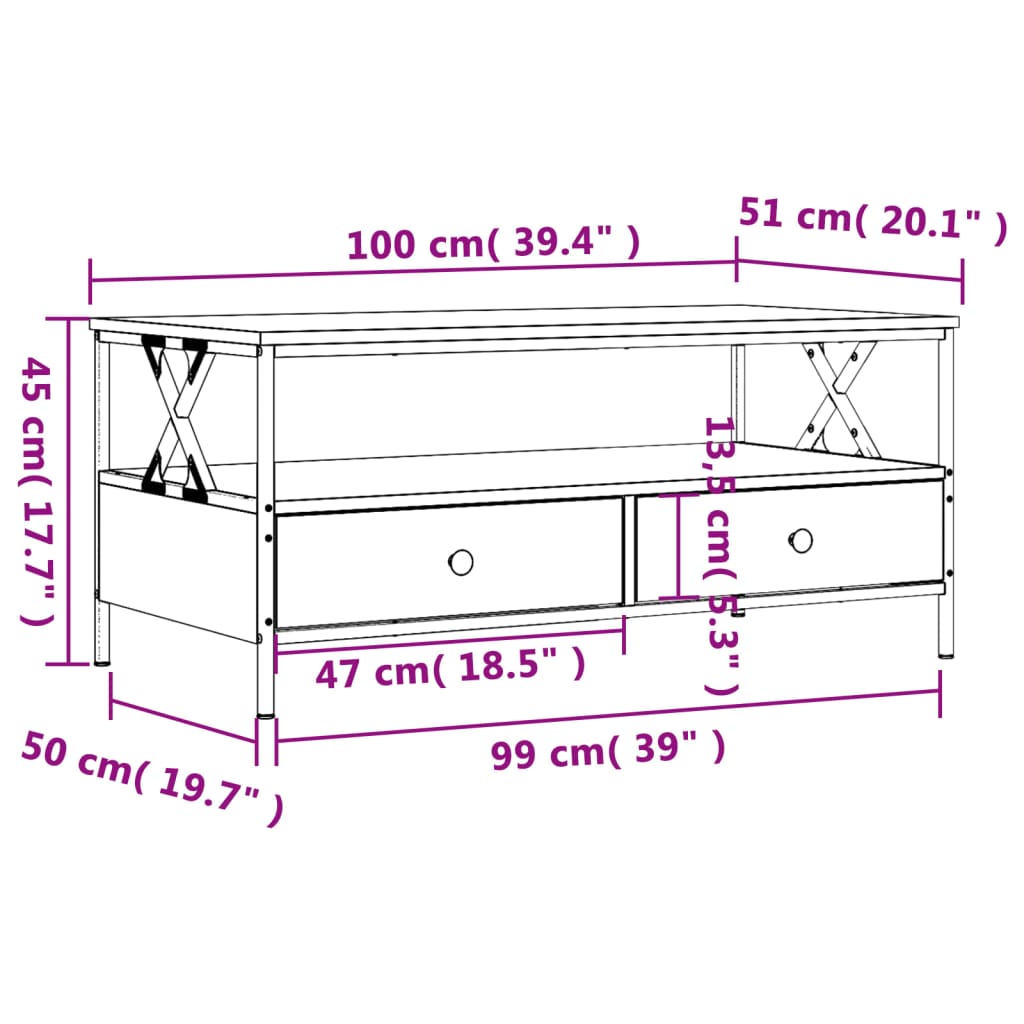 Table basse chêne sonoma 100x51x45 cm bois d'ingénierie